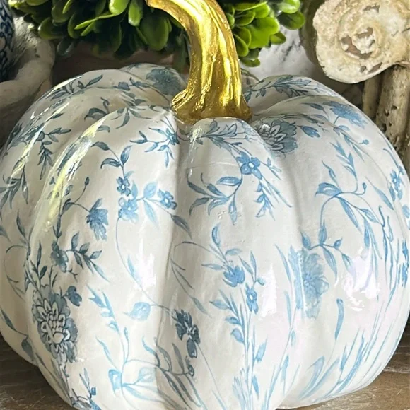 NEW! Boho Chic Farmhouse Blue & White Roses Floral Fall Autumn Harvest Pumpkin - Picture 4 of 7